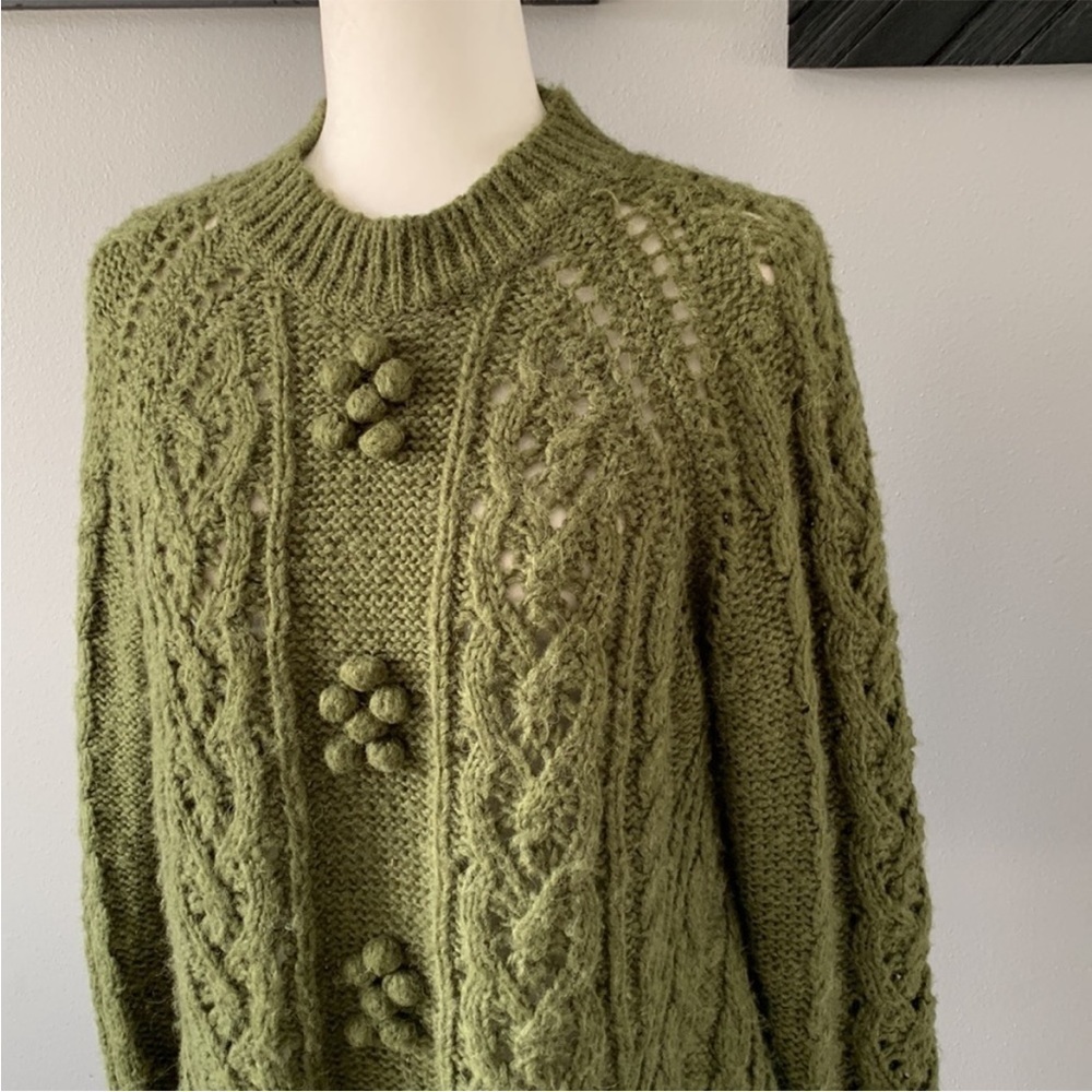 J. Crew Cable Knit Pointelle Alpaca Wool Blend Sweater Popcorn Flowers Green - Picture 3 of 10